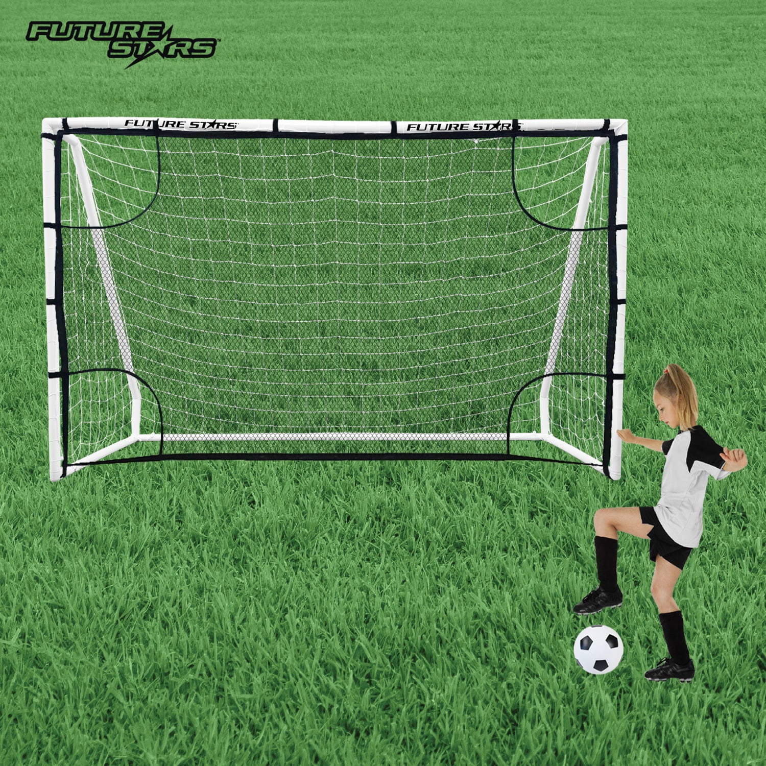 8Ft Soccer Goal Combo Set with Shooter Tutor, Official Size 5 Soccer Ball and Pump with Pin